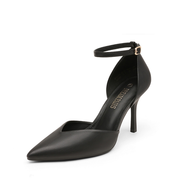 Ankle Strap Pointy Stiletto Heel Pumps - BLACK PU -  0